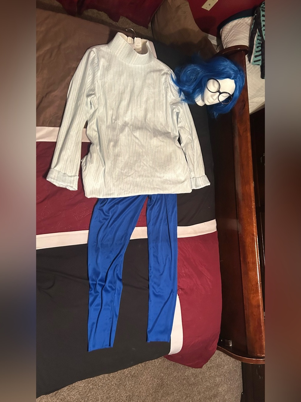 Women's “Inside Out” Sadness Blue Wig Costume Set with White Ribbed Top